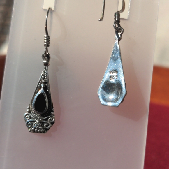 Sterling Silver Black Onyx Dangle Earrings - Picture 3 of 3